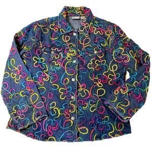 Chico’s Size 2 Y2K Rainbow Tie Dye Yarn Embroidered Floral Denim Jean Jacket L